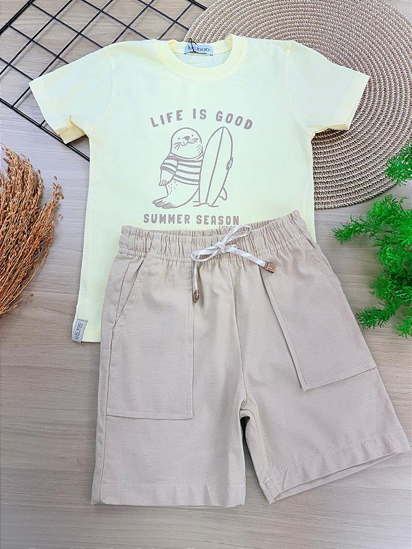 Conjunto de Camiseta em Meia Malha e Bermuda em Linho Santorine com Elastano LucBoo Infantil Menino