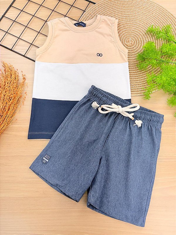 Conjunto de Regata em Meia Malha e Bermuda em Cotton Jeans com Elastano LucBoo Infantil Menino