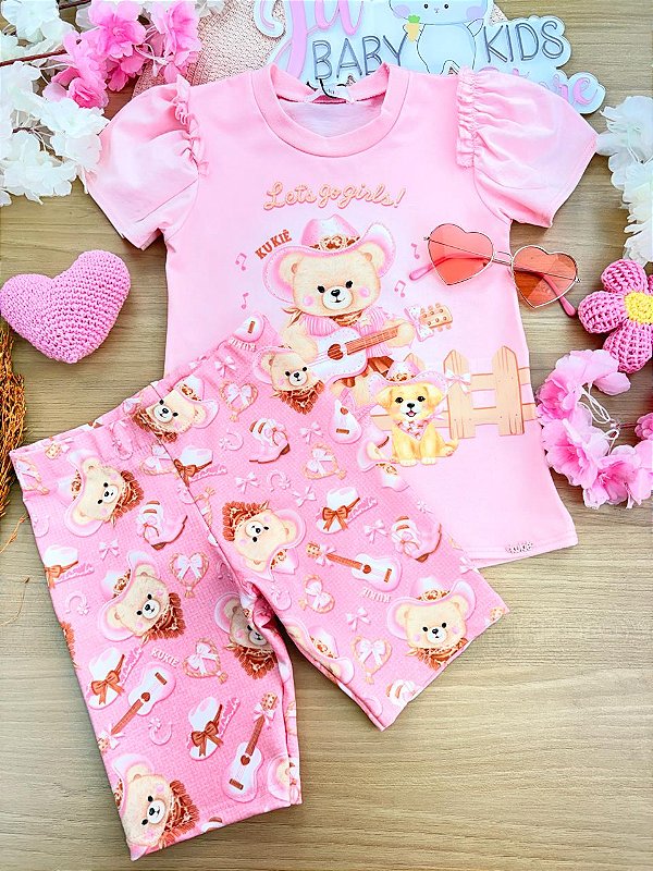 Conjunto de Blusa em Meia Malha e Bermuda Biker em Molecotton Kukiê Infantil Menina