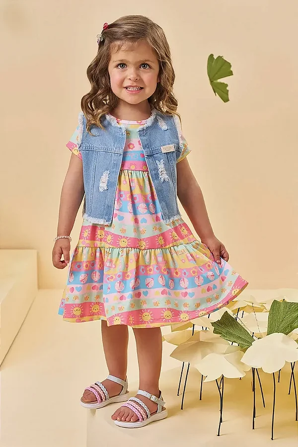 Vestido em Malha Fresh e Colete em Jeans Arkansas Kukiê Infantil Menina