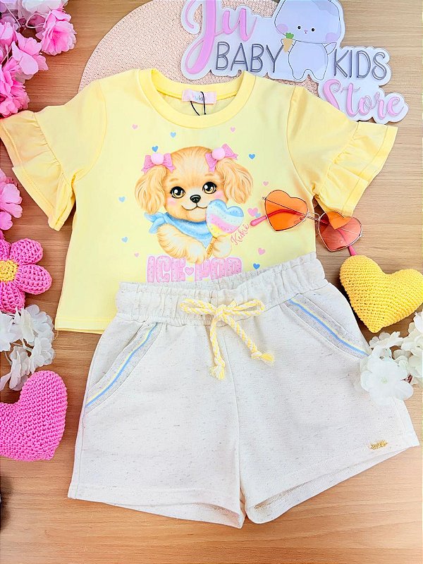 Conjunto de Blusa em Meia Malha e Shorts em Moletom sem Pelúcia Kukiê Infantil Menina