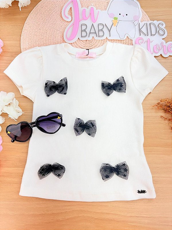 Blusa em Canelado Off White Kukiê Infantil Menina