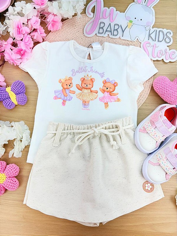 Conjunto de Blusa em Meia Malha e Short Saia em Moletom Linho sem Pelúcia Kukiê Infantil Menina