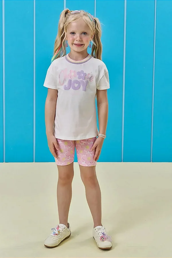 Conjunto de Camiseta em Meia Malha e Bermuda Biker em Molecotton Kukiê Infantil Menina