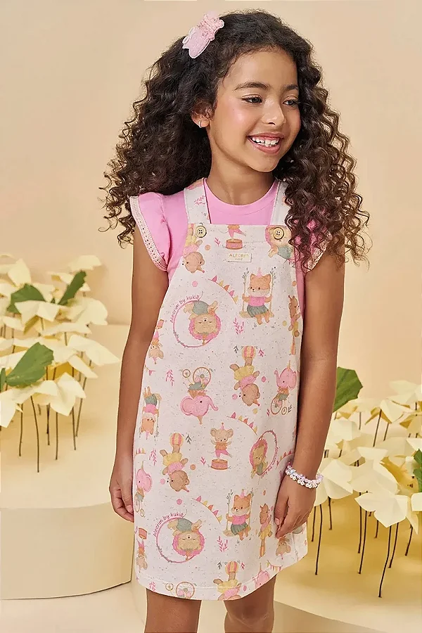 Conjunto de Blusa em Cotton e Salopete em Moletom Linho sem Pelúcia Kukiê Infantil Menina