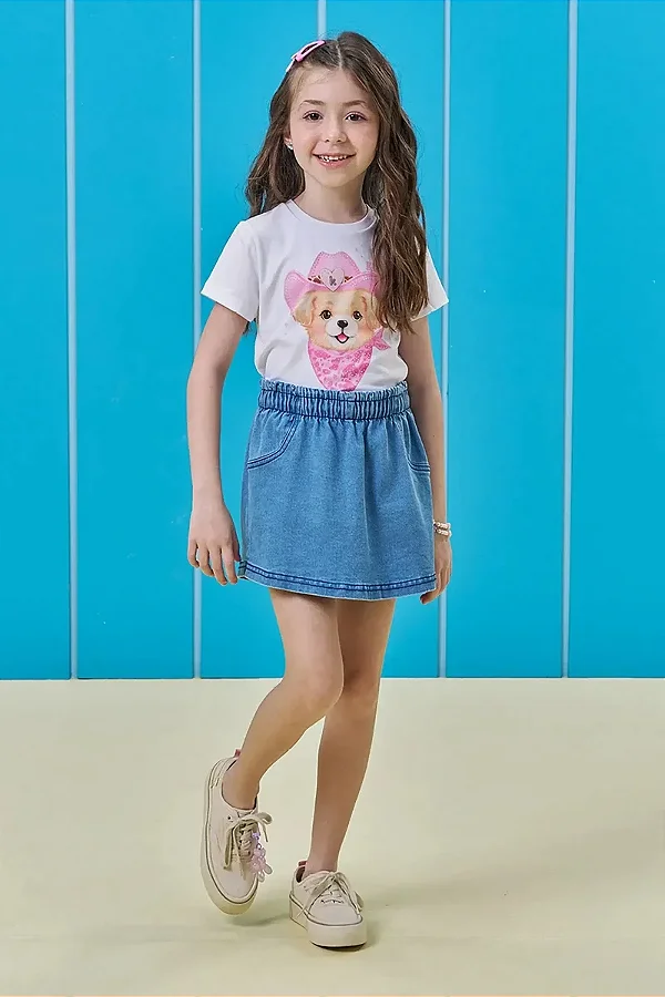 Conjunto de Blusa em Meia Malha e Short Saia em Jeans com Elastano Kukiê Infantil Menina