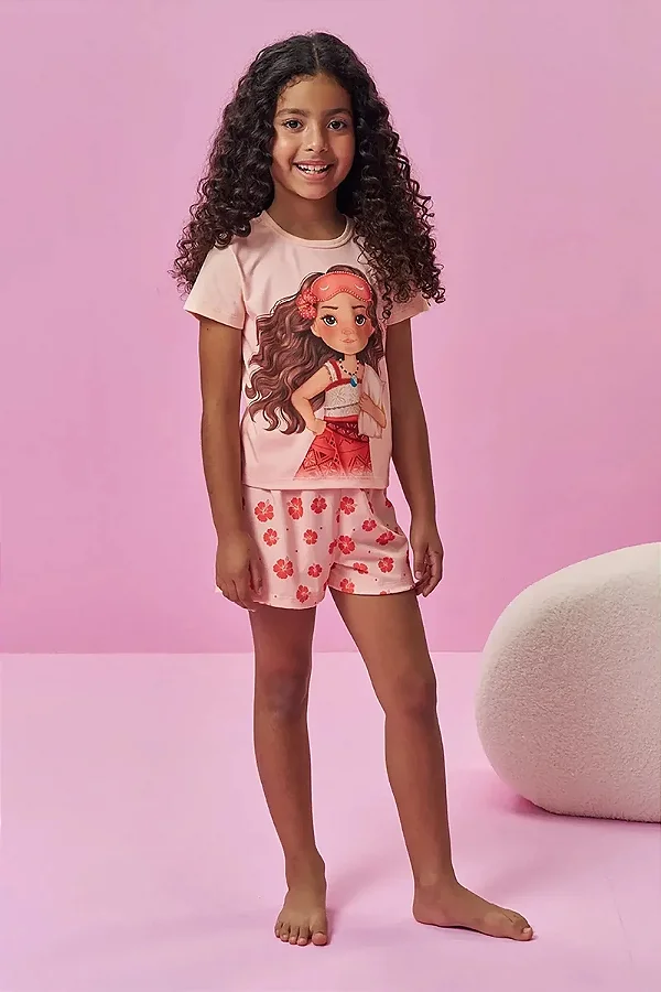 Conjunto de Pijama de Blusa em Meia Malha e Shorts em Malha Fresh Kukiê Infantil Menina