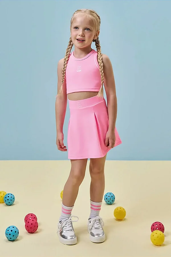 Saia Esportiva em Poliamida (com Shorts Embutido) Rosa Kukiê Infantil Menina