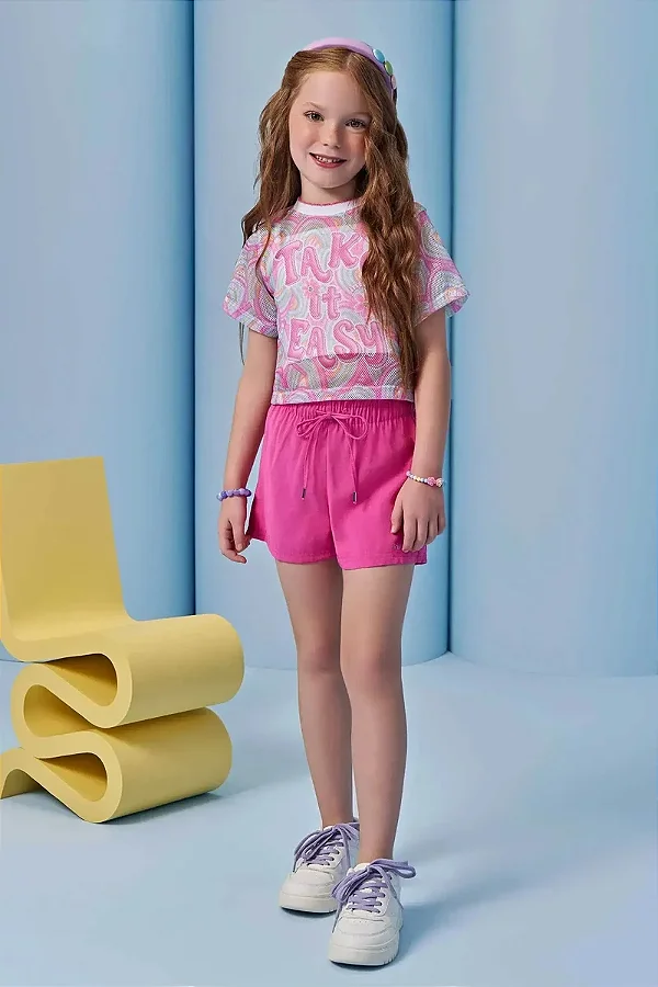 Trio de Top em Ribana Canelada Blusa em Tela Fashion e Shorts em Cupro Infanti Infantil Menina