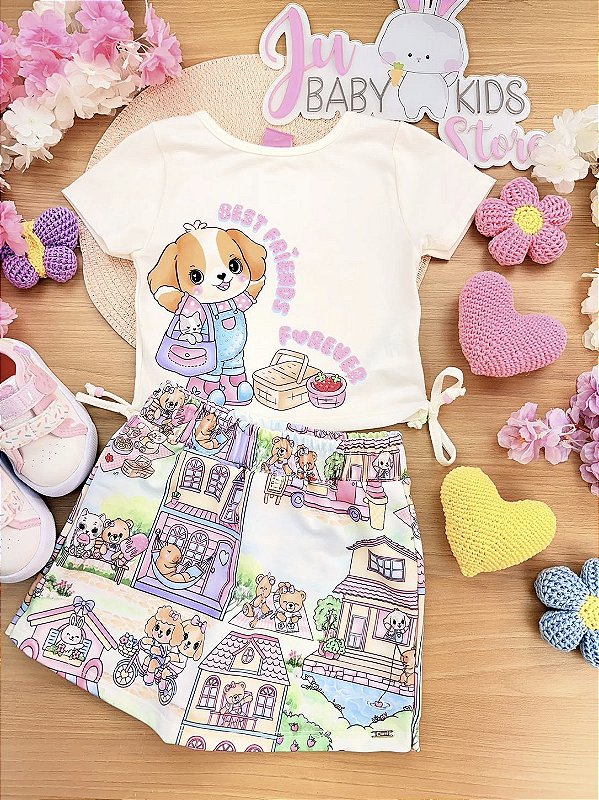 Conjunto Picnic Cachorrinho Fofo Blusa e Shorts Saia Cinti