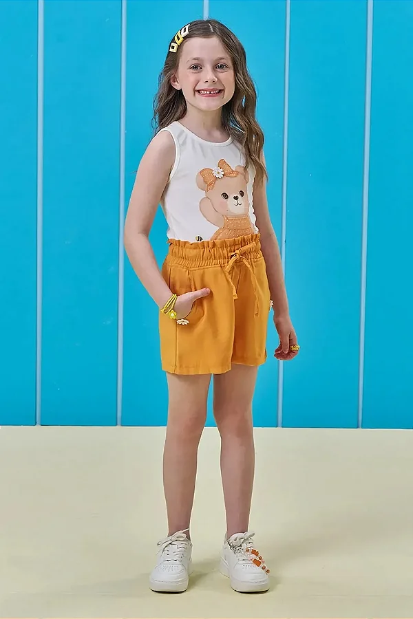 Conjunto de Blusa em Canelado e Shorts em Tecido Sensoriale Kukiê Infantil Menina