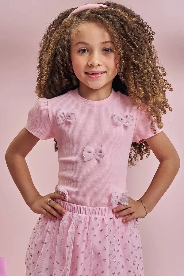 Blusa em Canelado Rosa Kukiê Infantil Menina