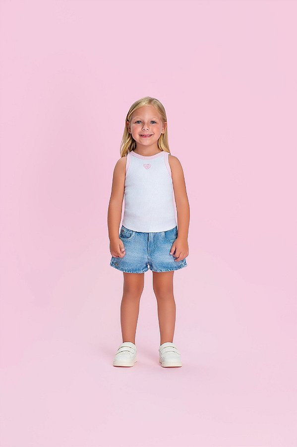 Regata Canelada Branca Coração Rosa Petit Cherie