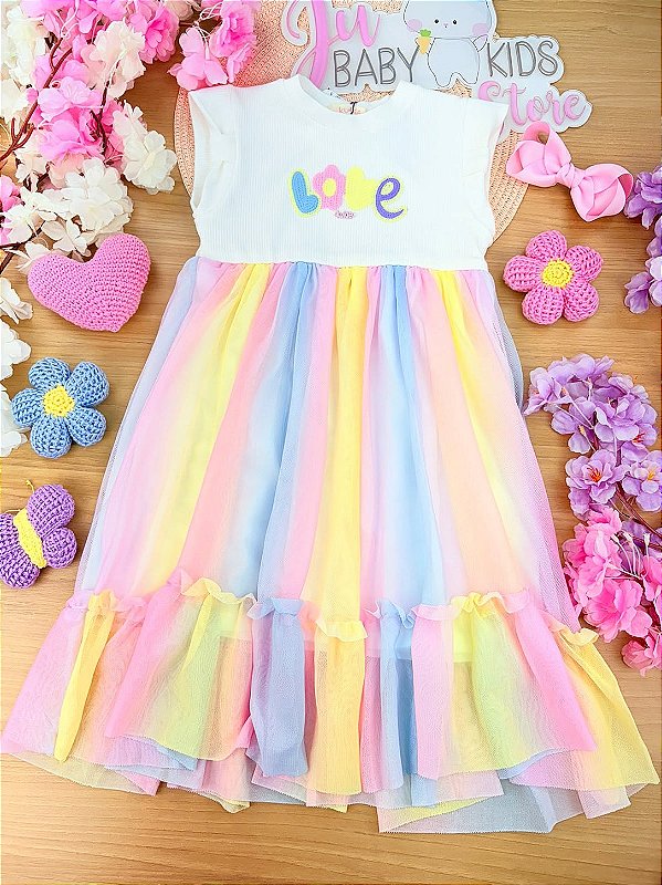Vestido em Canelado e Tule com Elastano Kukiê Infantil Menina