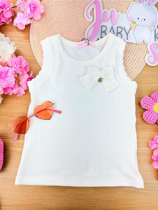 Regata em Cotton Off White Kukiê Infantil Menina