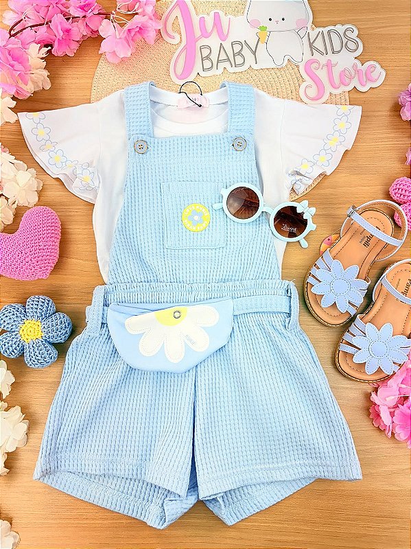 Conjunto de Blusa em Meia Malha e Jardineira em Malha Big Waffle Kukiê Infantil Menina