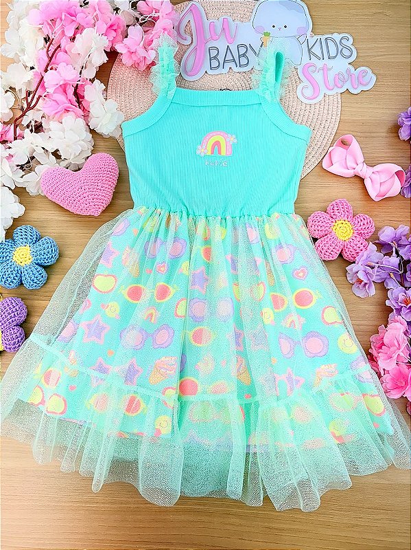 Vestido em Canelado e Tule Glitter Kukiê Infantil Menina