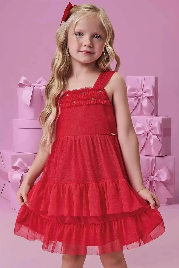 Vestido em Tule com Elastano Natal Kukiê Infantil Menina