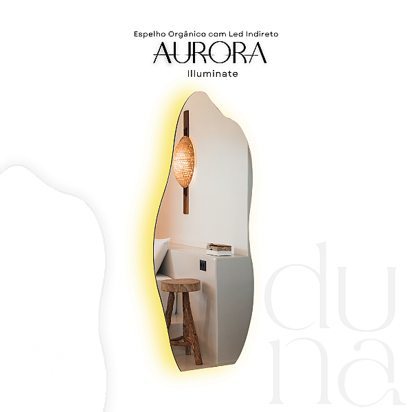 Espelho Orgânico com LED Indireto Aurora Illuminate, Espelho de Corpo Inteiro de Chão ou de Parede, Pequeno ao Grande para Quarto, Sala, Closet - Fácil Instalação
