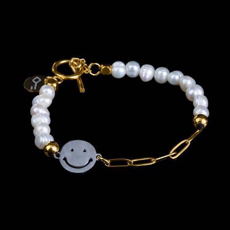 Pulseira Key Design Montero de Pérola Natural Branca e Aço Dourado