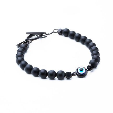 Pulseira Key Design Harington de Pedra Natural Preta com Pedra Olho Grego