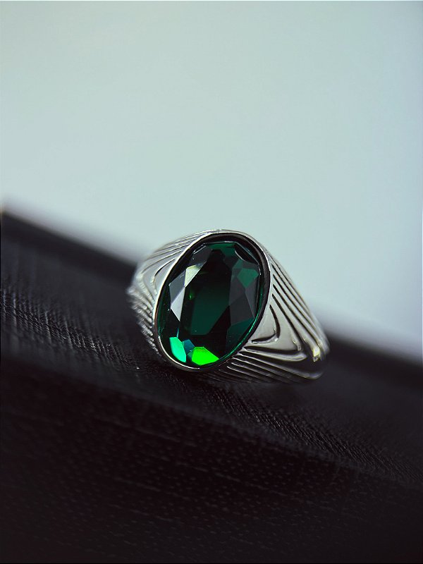 Anel Key Design TM de Aço Prata e Pedra Verde