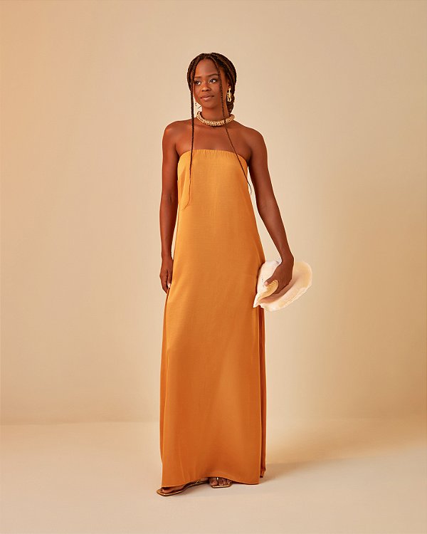 Vestido Longo Acetinado Antúrio Cúrcuma