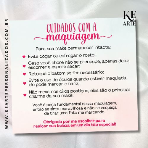 Cartão cuidados com a Make - 50 unidades | Pronta Entrega