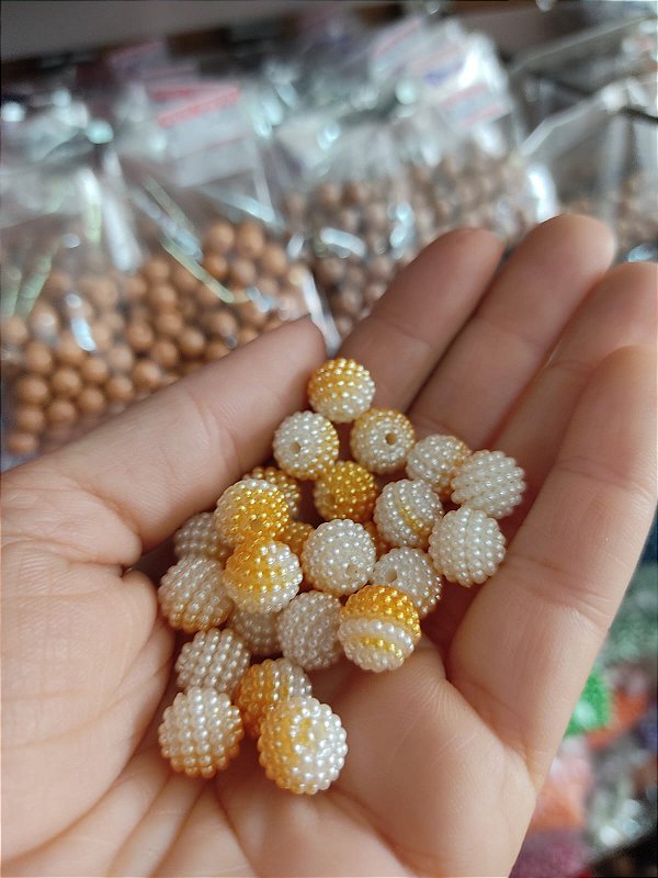 Pérola craquelada 10 mm 20g mesclada amarelo e branco