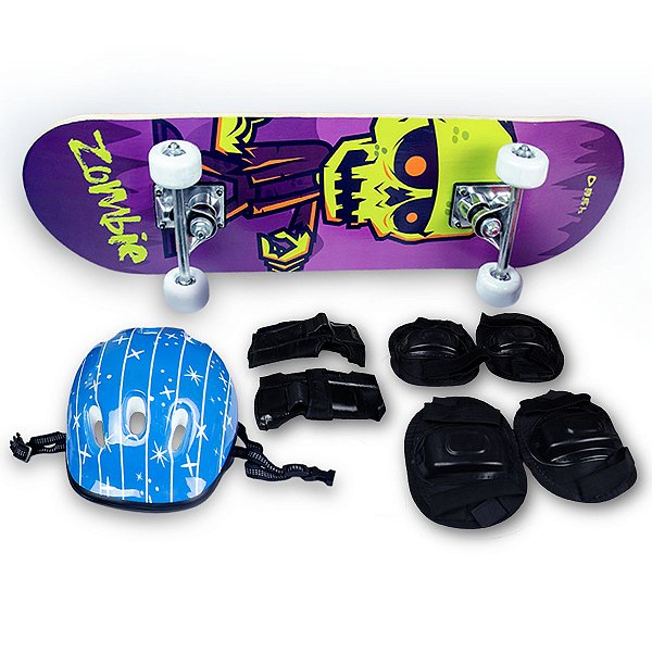 Skate Iniciante Radical Zombie + Kit Proteção C/ Capacete Azul - Bel
