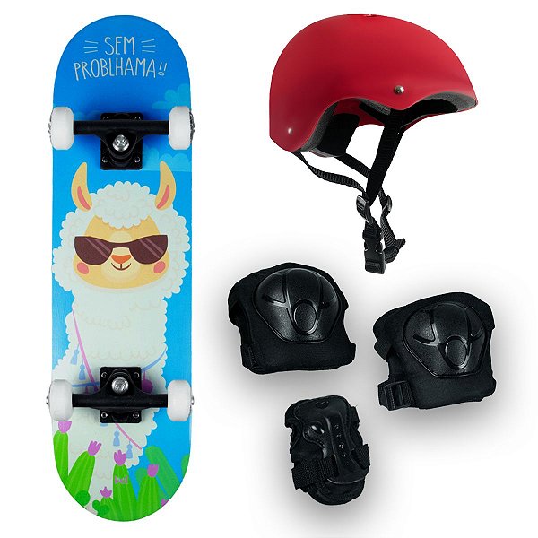 Skate Semi Profissional Lhama + Kit Proteção Vermelho - Bel