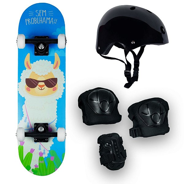 Skate Semi Profissional Lhama + Kit Proteção Preto - Bel