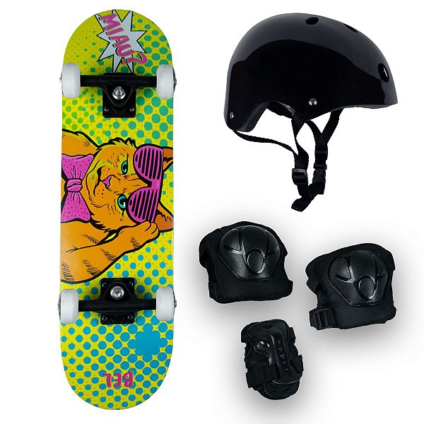 Skate Radical Iniciante Gato + Kit Proteção Preto - Bel