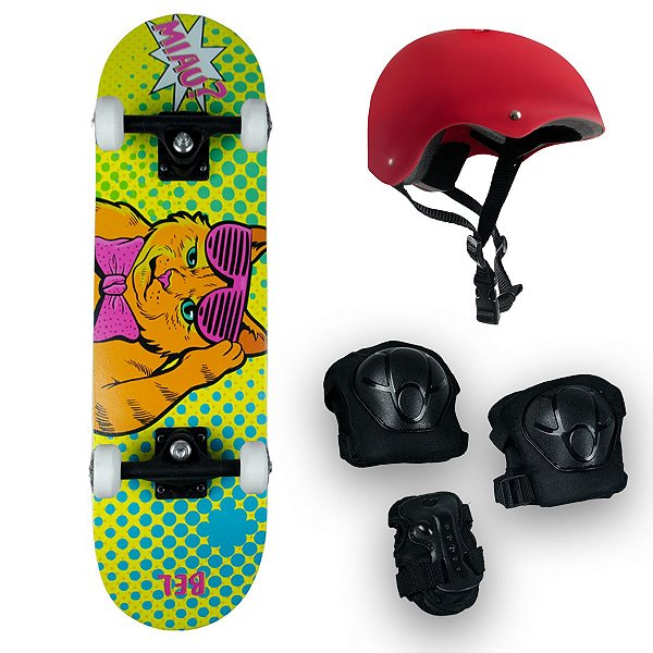 Skate Radical Iniciante Gato + Kit Proteção Vermelho - Bel