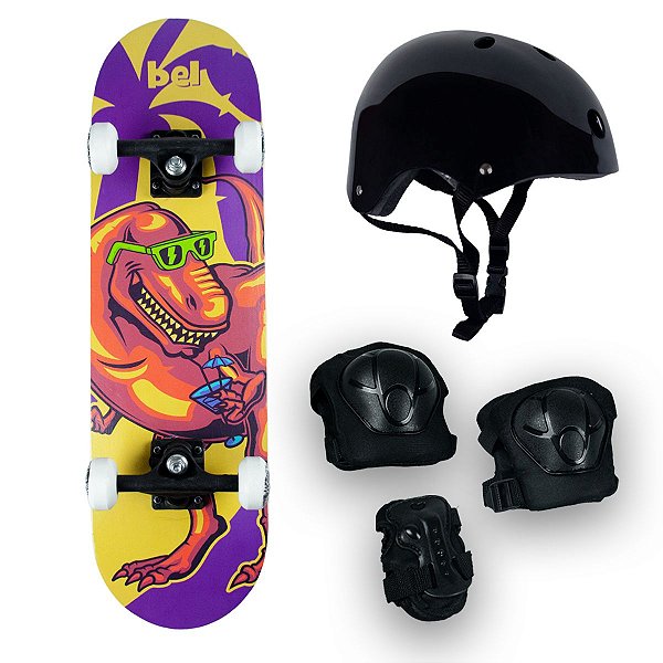 Skate Radical Iniciante Dinossauro + Kit Proteção Preto - Bel