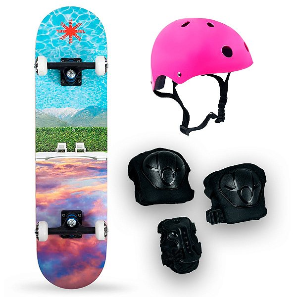 Skate Semi Profissional Paisagem Mar Azul + Kit Proteção Rosa - Bel
