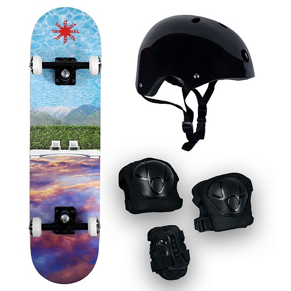 Skate Semi Profissional Paisagem Mar Azul + Kit Proteção Preto - Bel