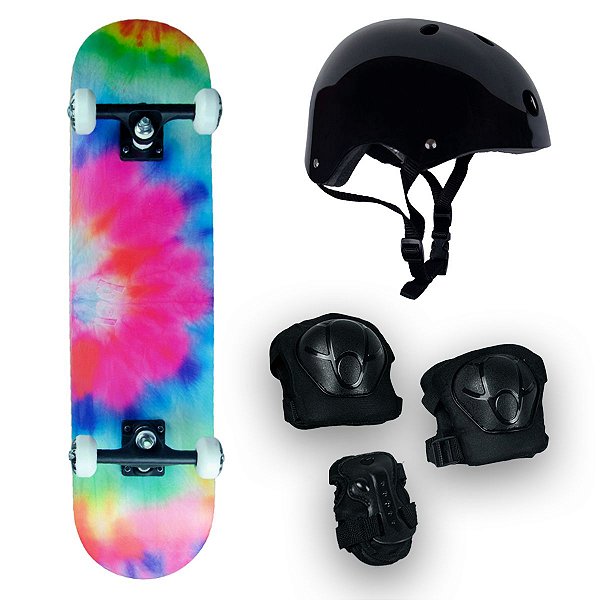 Skate Semi Profissional Colorido Rosa Verde Azul + Kit Proteção Preto - Bel