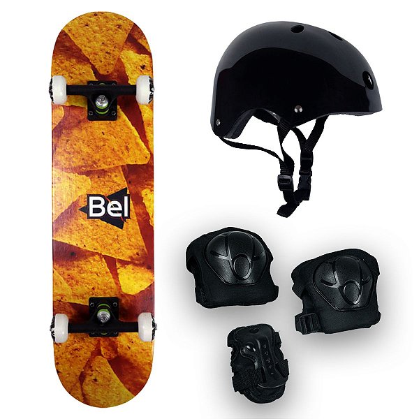 Skate Semi Profissional Nachos Laranja + Kit Proteção Preto - Bel