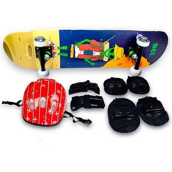 Skate Semi Profissional Alienígena + Kit Proteção Vermelho - Bel