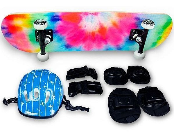 Skate Semi Profissional Colorido + Kit Proteção Azul - Bel