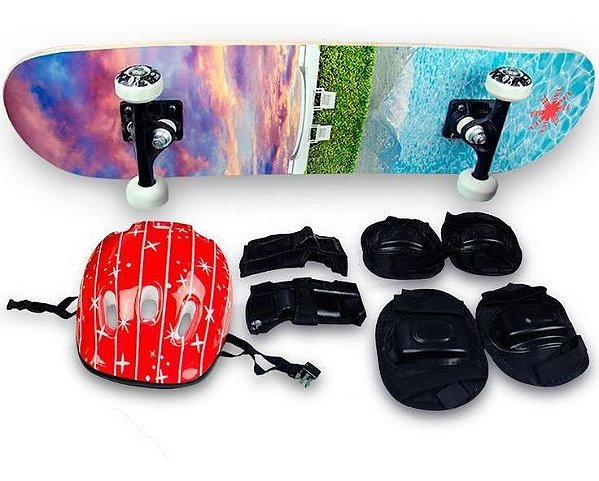 Skate Semi Profissional Paisagem Mar Azul + Kit Proteção Vermelho - Bel