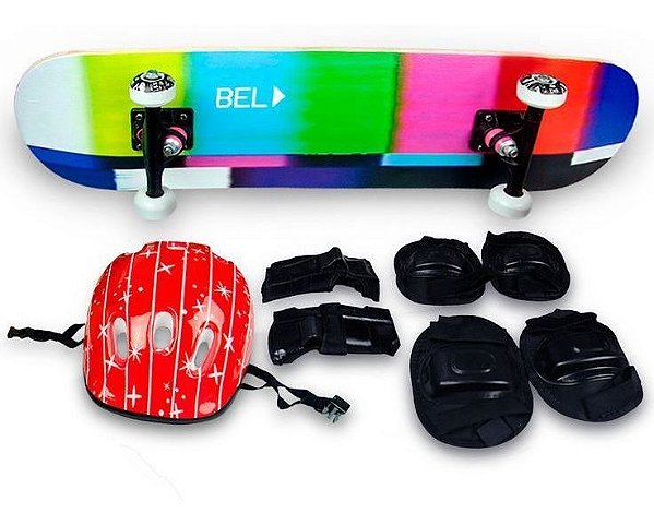 Skate Semi Profissional Colorido Rosa Verde Azul + Kit Proteção Vermelho - Bel