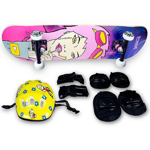 Skate Semi Profissional Boneca Rosa + Kit Proteção Amarelo - Bel
