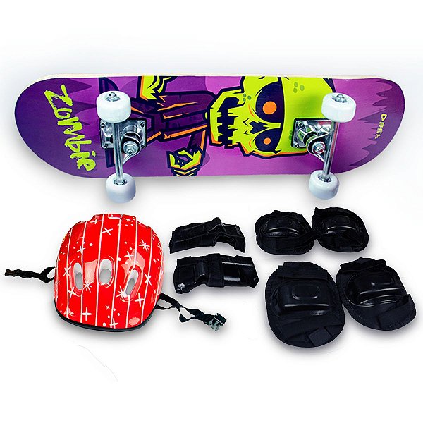 Skate Iniciante Radical Zombie + Kit Proteção C/ Capacete Vermelho - Bel