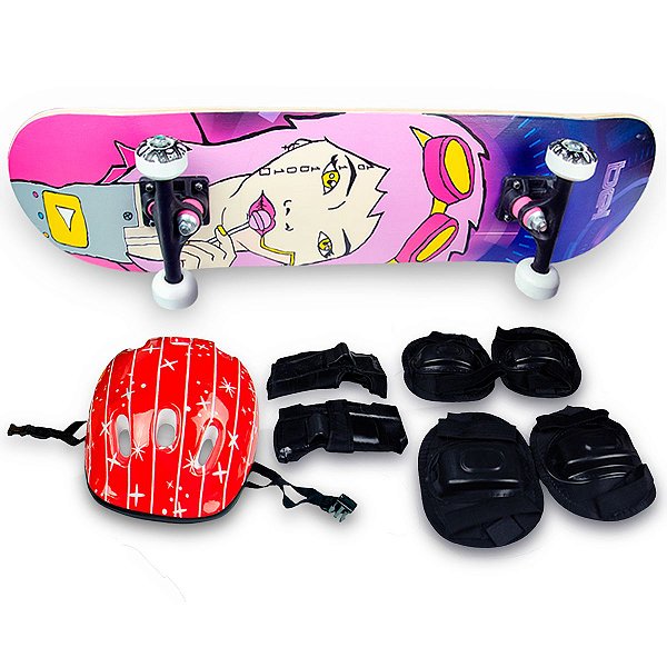Skate Semi Profissional Boneca + Kit Proteção Vermelho - Bel