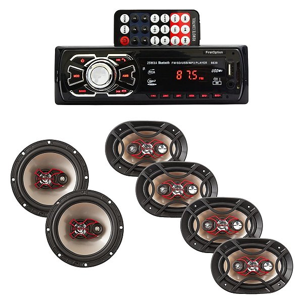 Kit Radio Automotivo Mp3 1Din USB SD FM Com 2 Alto-Falantes B3X60X E 4 Alto-Falantes B4X69X