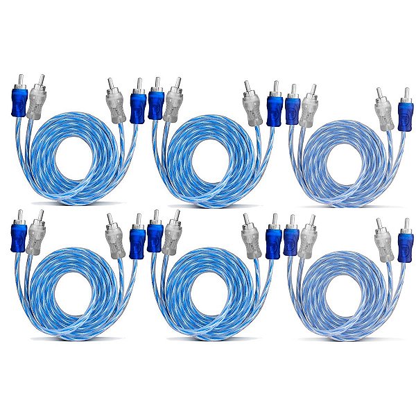 Kit 6X Cabo Rca Azul E Prata Para Som Automotivo - Tech One