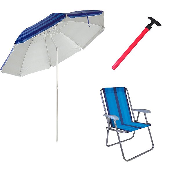 Kit Guarda-Sol Azul E Roxo + Sacareia + Cadeira De Praia - Mor