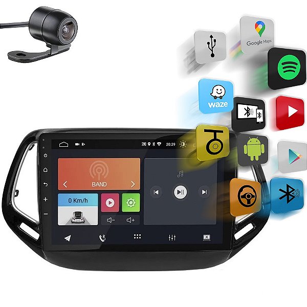 Kit Central Multimídia Android 10.1 Com Tela 10'' + Câmera De Ré Borboleta Universal + Moldura Jeep Compass 2017> 10'' - Faaftech